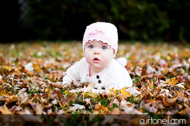 Sault Ste Marie Baby Photography - Charlotte at 1 year - Sneak peek, playing in the leaves