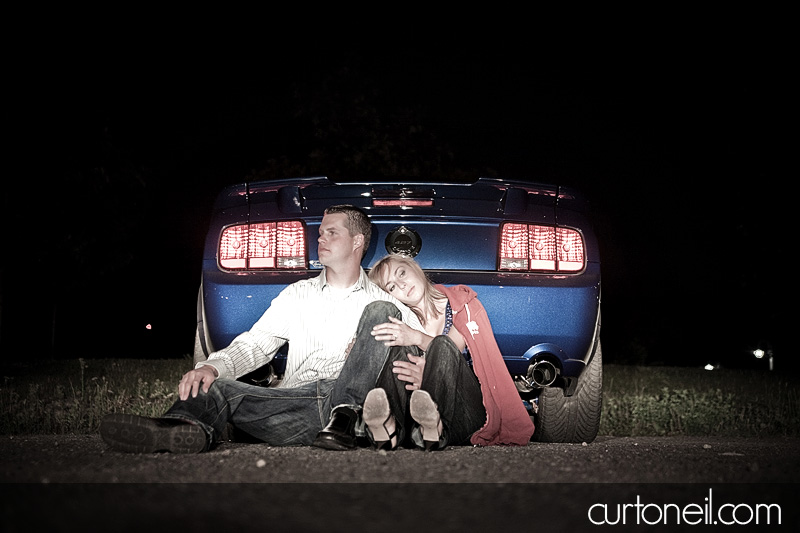 parking lot Roush Mustang sault engagement photography