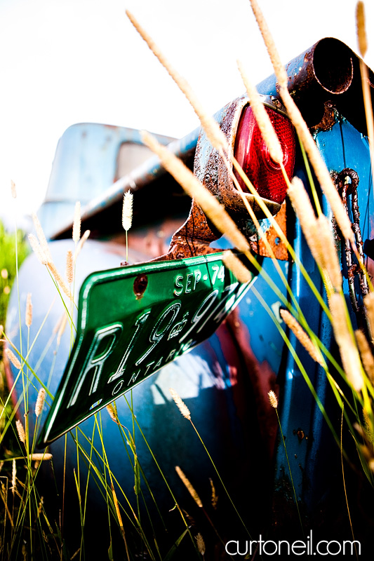 Sault Ste Marie Engagement Photography - Carol and Rob - Field with old Chevy truck, Pointe Des Chenes beach
