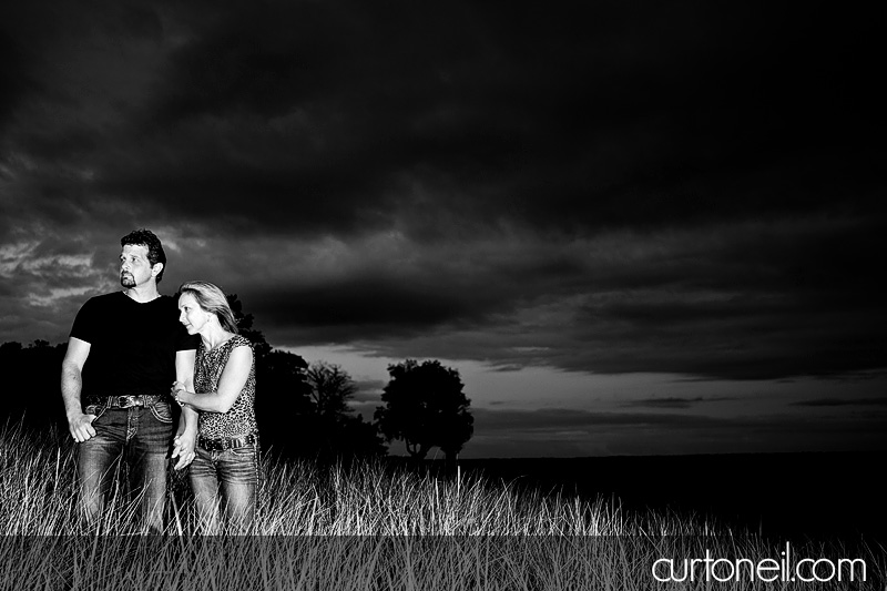 Sault Ste Marie Engagement Photography - Carol and Rob - Field with old Chevy truck, Pointe Des Chenes beach