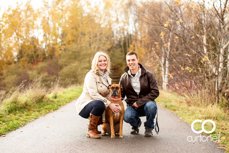 Sault Ste Marie Engagement Photography - Sarah and Marc - Fort Creek, hub trail, fall, boxer, leaves