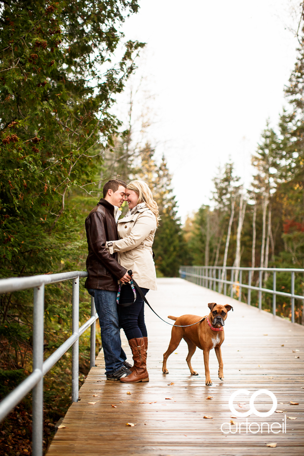 Sault Ste Marie Engagement Photography - Sarah and Marc - Fort Creek, hub trail, fall, boxer, leaves