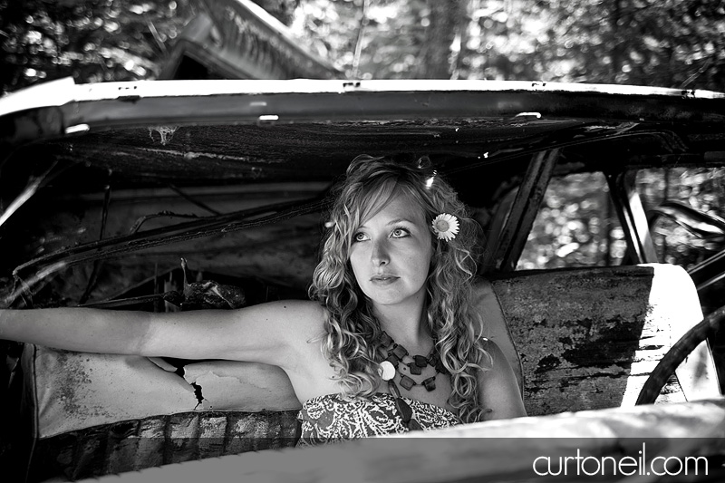 Rachel in abandoned car - Curt O'Neil Lifestyle Wedding Photographer
