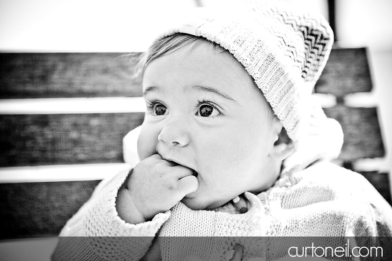 Macy six month baby shoot - on a bench