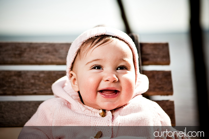 Macy six month baby shoot - on a bench