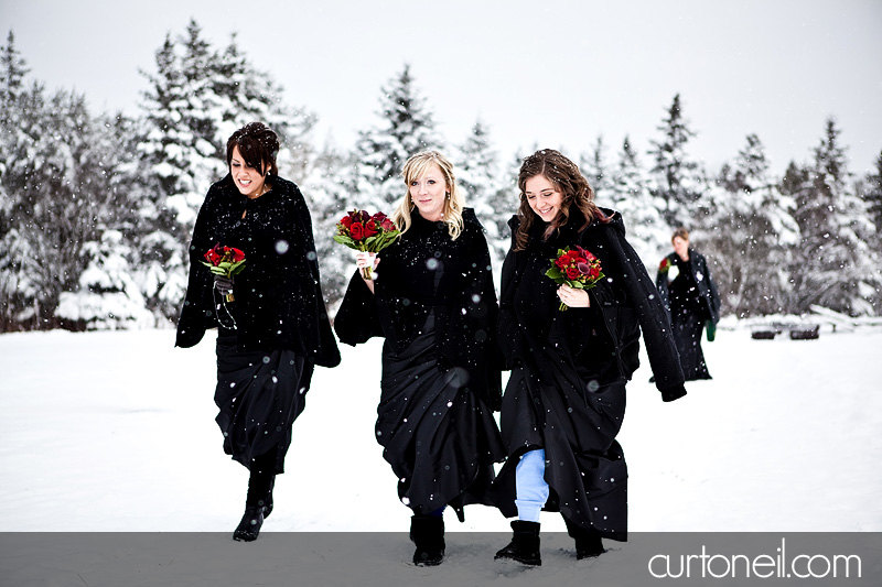 Winter Wedding - bridesmaids approaching chapel - Curt O