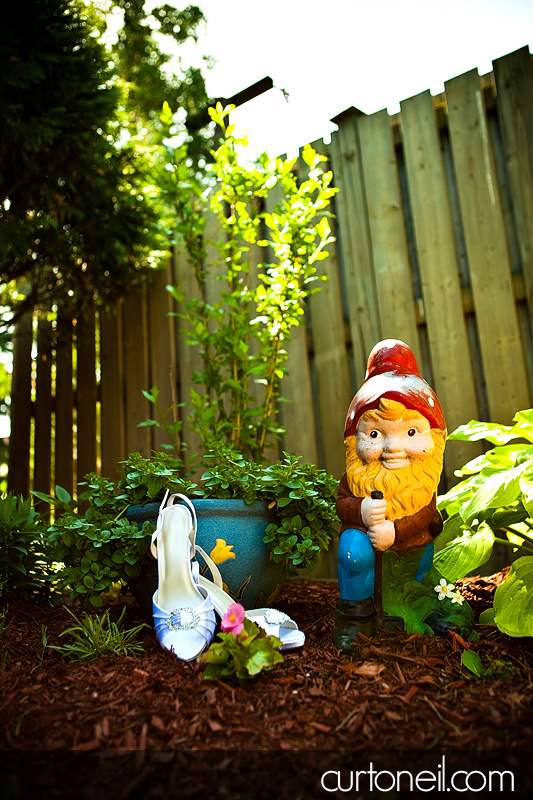 Sault Ste Marie Wedding - Sarah and Steve - the brides shoes and a gnome