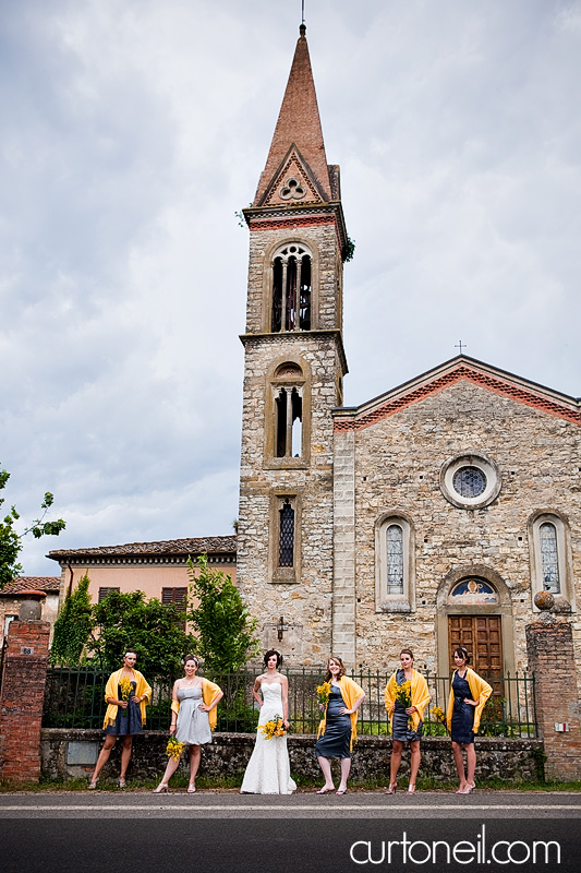 bride and bridesmaids at abandoned church - Bucine Tuscany Italy wedding