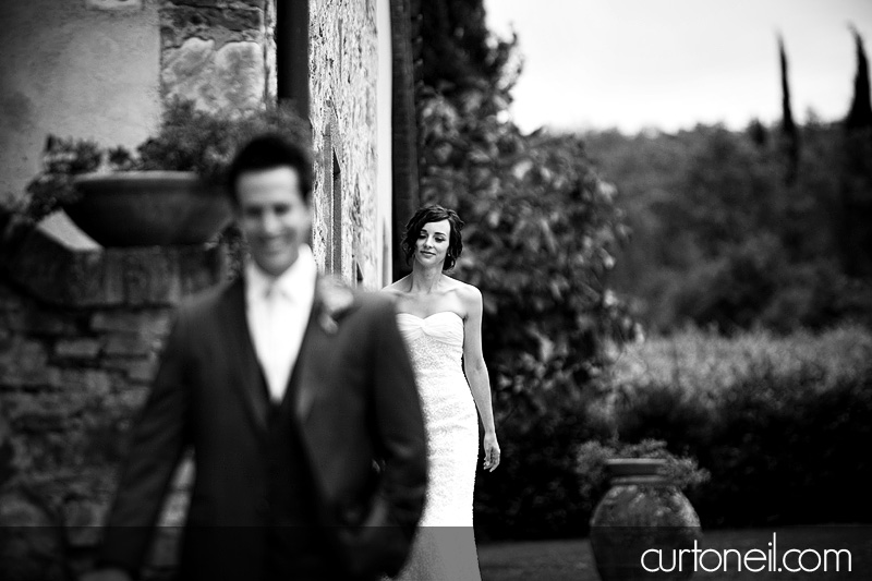 Michela approaching Aaron for their first look - Tuscany Wedding Photography