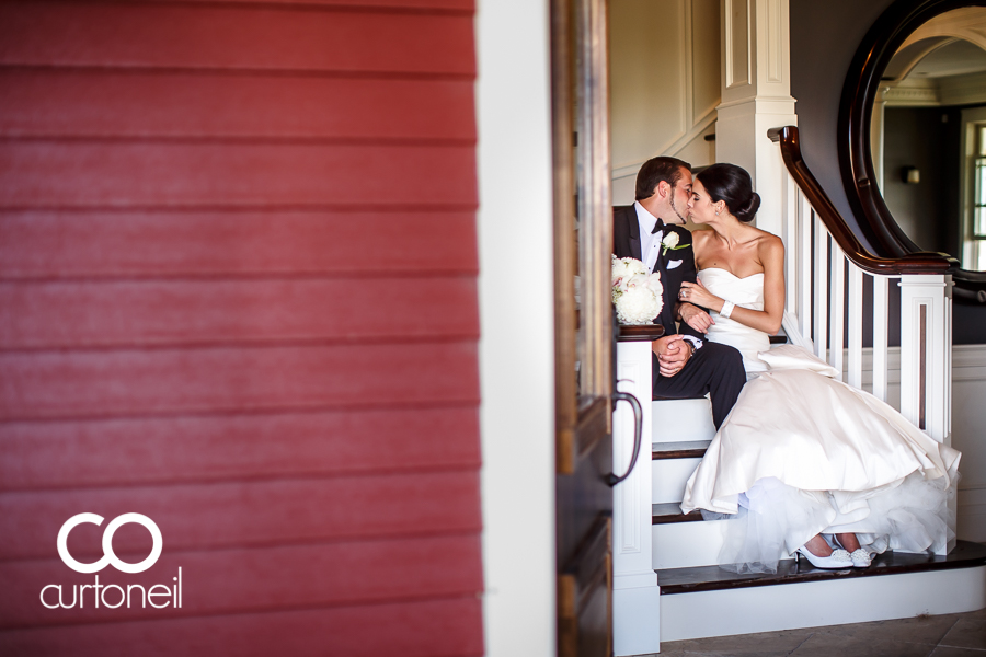 Sault Ste Marie Wedding Photography - Victoria and Ryan - sitting on stairs, peeking in through door, sneak peek