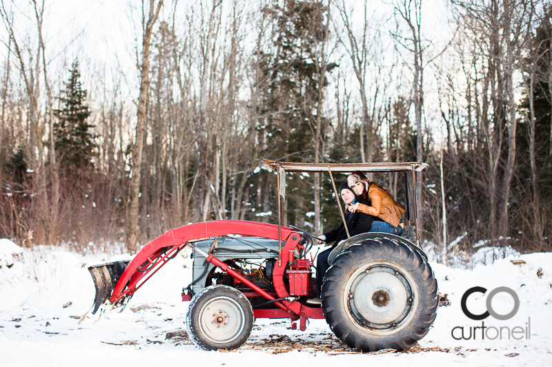 Sault Ste Marie Engagement Photography - Nicole and Josh - winter, cold, old tractor