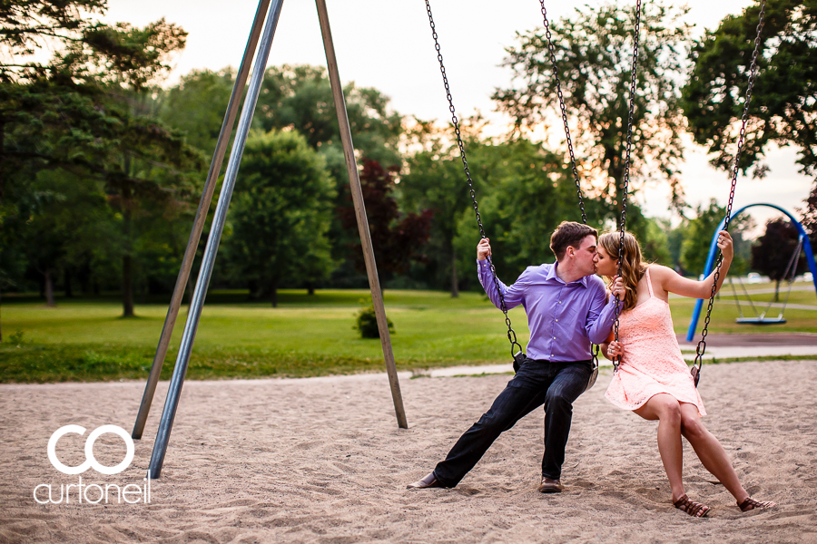 Sault Ste Marie Engagement Photography - Tara and Ben - sneak peek, Bellevue Park on the swings, summer