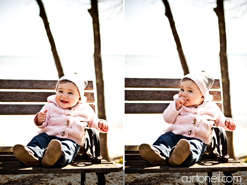 Macy six month baby shoot - on a bench