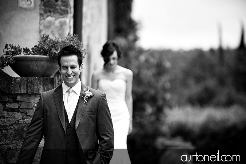Michela approaching Aaron for their first look - Tuscany Wedding Photography