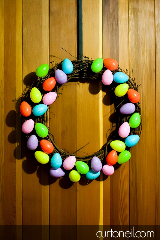 Easter Wreath made with wooden wreath adn plastic easter eggs